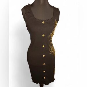 Black Ribbed No Boundaries Dress With Gold Rhinestone Leaves & Button Details